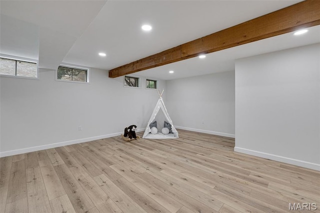 173 Portico Dr, Chesterfield, MO 63017 - basement with light wood-type flooring, baseboards, recessed lighting, and healthy amount of natural light
