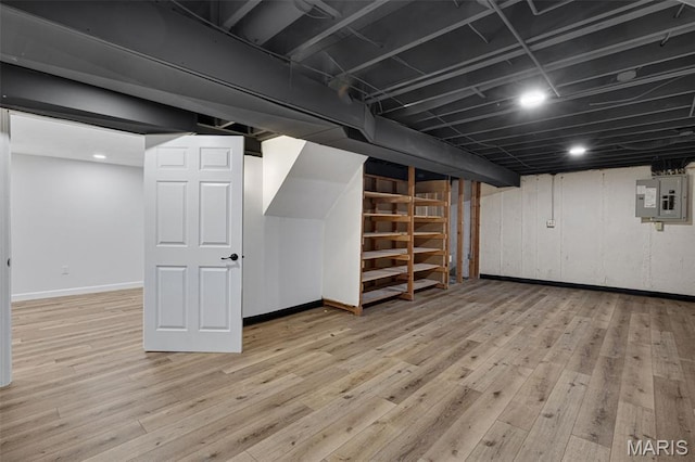 173 Portico Dr, Chesterfield, MO 63017 - finished basement with electric panel, baseboards, and light wood-style flooring