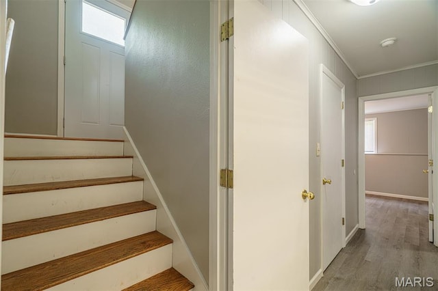1804 Meadow Ct, Rolla, MO 65401 - stairway with ornamental molding, wood finished floors, and baseboards