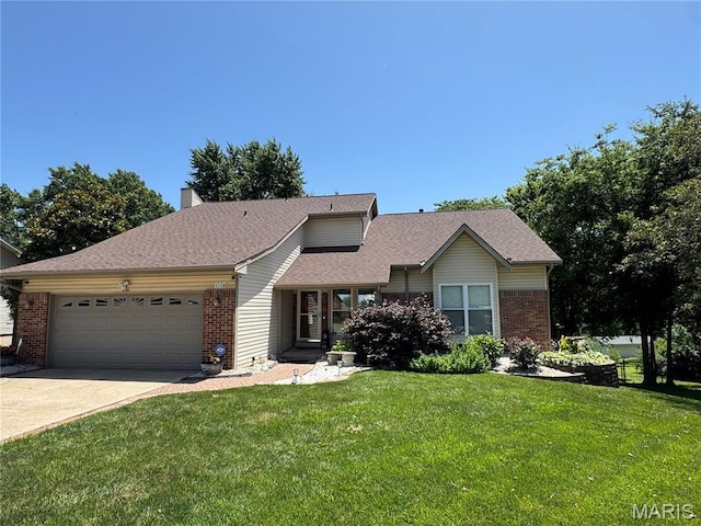 116 Shirewood Dr, Saint Charles, MO 63303 - view of front of house featuring brick siding, a garage, a front yard, and concrete driveway