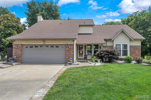 116 Shirewood Dr, Saint Charles, MO 63303 - view of front facade featuring brick siding, a chimney, a garage, a front lawn, and concrete driveway