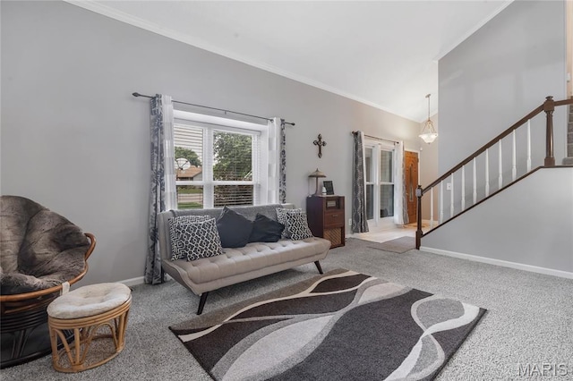 116 Shirewood Dr, Saint Charles, MO 63303 - carpeted living area featuring crown molding, stairway, and lofted ceiling