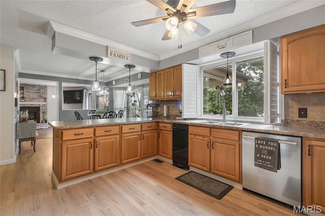 116 Shirewood Dr, Saint Charles, MO 63303 - kitchen featuring dishwasher, crown molding, a peninsula, brown cabinetry, and pendant lighting