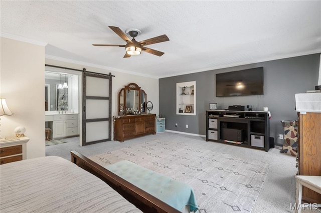 116 Shirewood Dr, Saint Charles, MO 63303 - bedroom with a barn door, light carpet, crown molding, connected bathroom, and ceiling fan