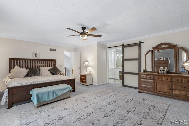 116 Shirewood Dr, Saint Charles, MO 63303 - bedroom with ornamental molding, light colored carpet, a barn door, a textured ceiling, and connected bathroom