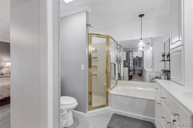 116 Shirewood Dr, Saint Charles, MO 63303 - ensuite bathroom with a bath, a stall shower, crown molding, and vanity