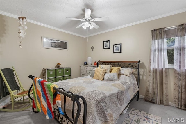 116 Shirewood Dr, Saint Charles, MO 63303 - carpeted bedroom with ornamental molding, a ceiling fan, and a textured ceiling