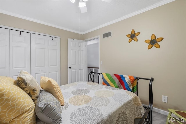 116 Shirewood Dr, Saint Charles, MO 63303 - bedroom with carpet, a closet, ornamental molding, and ceiling fan