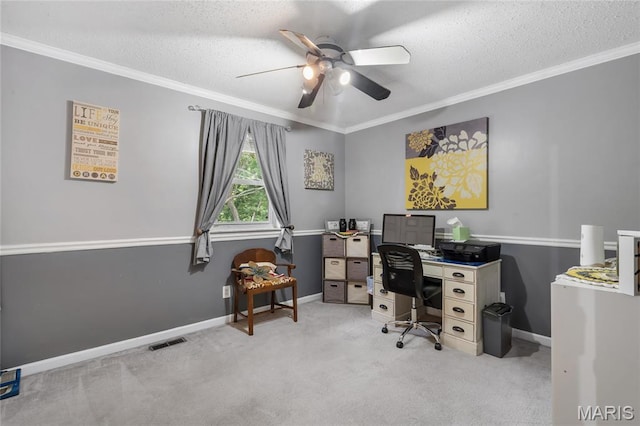 116 Shirewood Dr, Saint Charles, MO 63303 - office space with a ceiling fan, crown molding, carpet flooring, and a textured ceiling