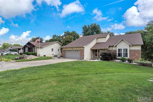 116 Shirewood Dr, Saint Charles, MO 63303 - ranch-style home with a garage, concrete driveway, brick siding, a front yard, and roof with shingles