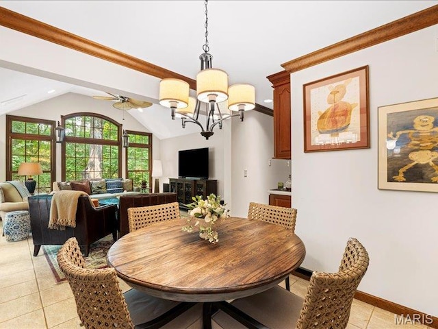 2254 Ridgley Woods Dr, Chesterfield, MO 63005 - dining room featuring light tile patterned flooring, a chandelier, lofted ceiling, ceiling fan, and baseboards