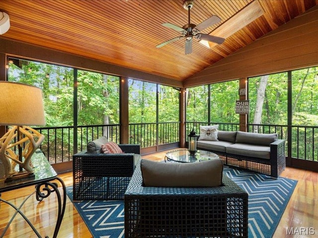 2254 Ridgley Woods Dr, Chesterfield, MO 63005 - sunroom featuring lofted ceiling, ceiling fan, and an outdoor hangout area
