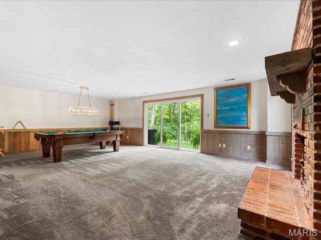 2254 Ridgley Woods Dr, Chesterfield, MO 63005 - game room featuring a wainscoted wall, carpet, billiards, and wooden walls