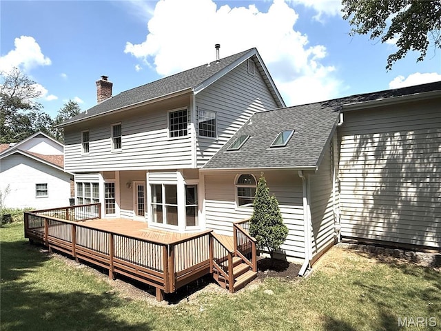 720 Woodridge Heights Ct, Manchester, MO 63011 - back of property featuring a yard, a chimney, roof with shingles, and a deck