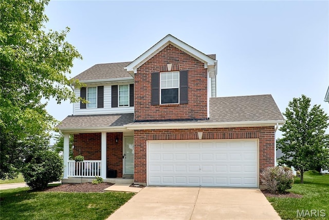 228 Centerfield Dr, Ofallon, MO 63366 - traditional-style house with concrete driveway, brick siding, covered porch, and a shingled roof