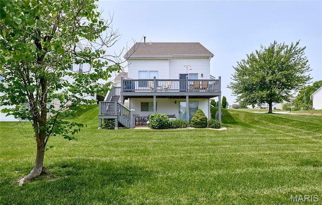 228 Centerfield Dr, Ofallon, MO 63366 - back of house with a wooden deck, a yard, and stairway
