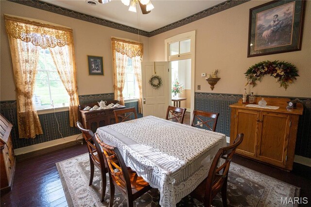 415 E 1st St, Hermann, MO 65041 - dining area featuring a wainscoted wall, wallpapered walls, dark wood-type flooring, and ceiling fan