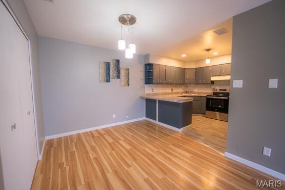 9145 Villaridge Ct H, Unit H, MO 63123 - kitchen with stainless steel range with electric stovetop, under cabinet range hood, a peninsula, light wood-style floors, and recessed lighting