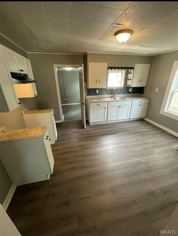 kitchen featuring white cabinetry, dark wood-style floors, under cabinet range hood, and light countertops