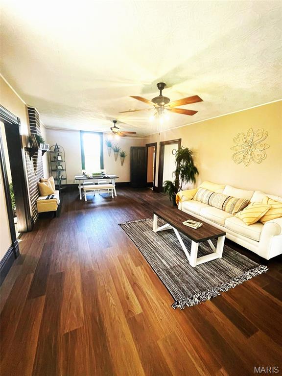 10216 High St, Belgrade, MO 63622 - living area featuring a ceiling fan and wood finished floors