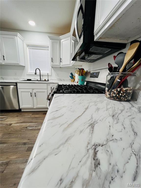 403 E Summit St, Doniphan, MO 63935 - kitchen with stainless steel appliances, a sink, white cabinetry, dark wood-style flooring, and recessed lighting
