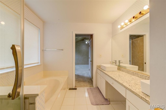 12118 Fahrpark Ln, Saint Louis, MO 63146 - full bath featuring tile patterned floors, wallpapered walls, double vanity, and a garden tub