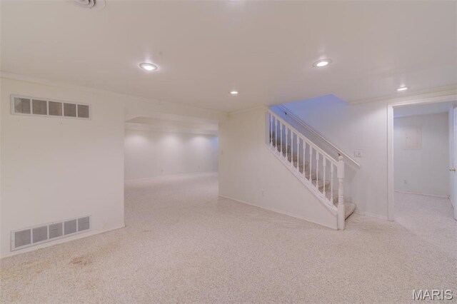 12118 Fahrpark Ln, Saint Louis, MO 63146 - finished below grade area with recessed lighting, carpet floors, stairs, and baseboards
