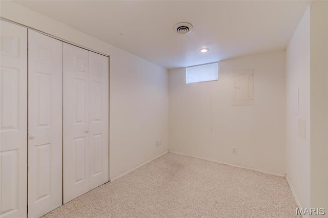12118 Fahrpark Ln, Saint Louis, MO 63146 - below grade area with electric panel, carpet flooring, recessed lighting, and baseboards