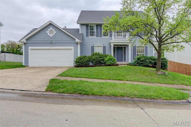 12118 Fahrpark Ln, Saint Louis, MO 63146 - view of front of home featuring a garage, concrete driveway, roof with shingles, and a balcony