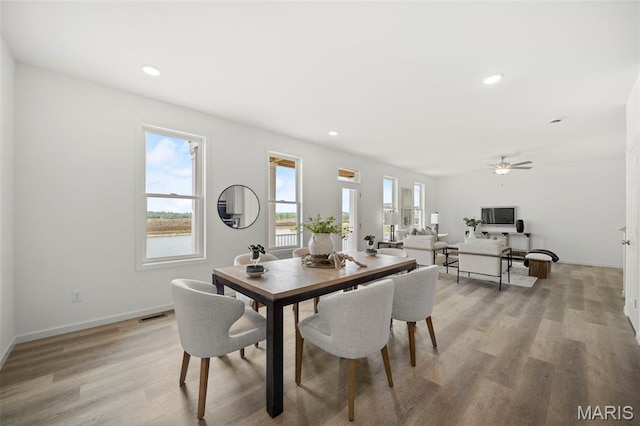 3063 Pirogue St, Saint Charles, MO 63301 - dining area with light wood-style floors, recessed lighting, a ceiling fan, and baseboards