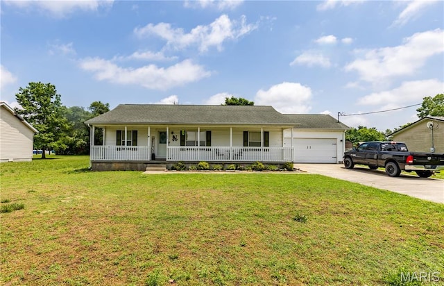 108 Karen St, Sikeston, MO 63801 - ranch-style home featuring a porch, an attached garage, concrete driveway, and a front lawn