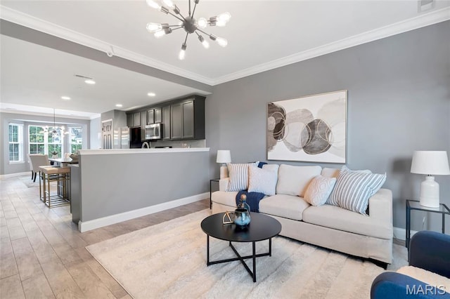 231 W Monroe Ave Unit 205, Saint Louis, MO 63122 - living room featuring a chandelier, crown molding, light wood-style flooring, and recessed lighting
