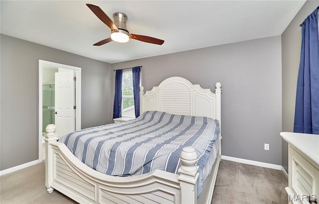 2907 Preston Woods Trl, Lake St Louis, MO 63367 - bedroom with light colored carpet, a ceiling fan, and ensuite bath
