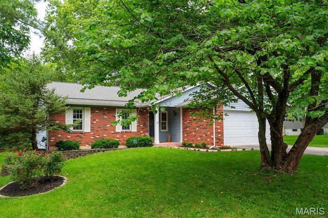 9 Donald Dr, Saint Charles, MO 63304 - ranch-style house featuring brick siding, a front lawn, a garage, and driveway