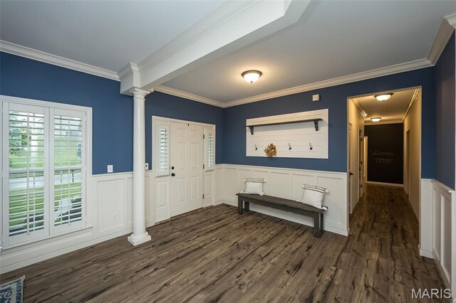 151 Wilmer Valley Dr, Wentzville, MO 63385 - foyer with ornamental molding, a wainscoted wall, dark wood finished floors, ornate columns, and a decorative wall
