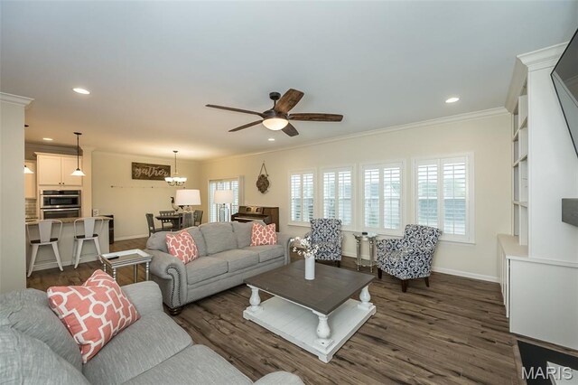 151 Wilmer Valley Dr, Wentzville, MO 63385 - living room featuring ornamental molding, ceiling fan, baseboards, dark wood-style flooring, and recessed lighting
