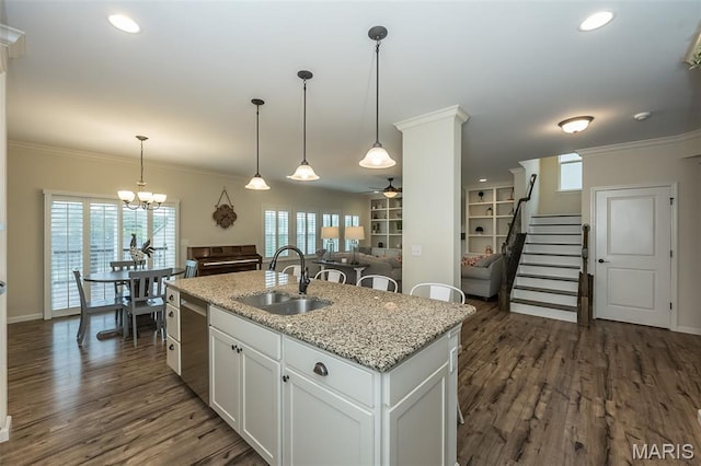 151 Wilmer Valley Dr, Wentzville, MO 63385 - kitchen with a sink, a ceiling fan, dishwasher, dark wood-style flooring, and ornamental molding
