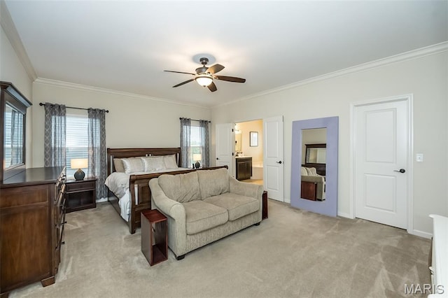 151 Wilmer Valley Dr, Wentzville, MO 63385 - bedroom featuring ornamental molding, light colored carpet, multiple windows, a ceiling fan, and ensuite bathroom