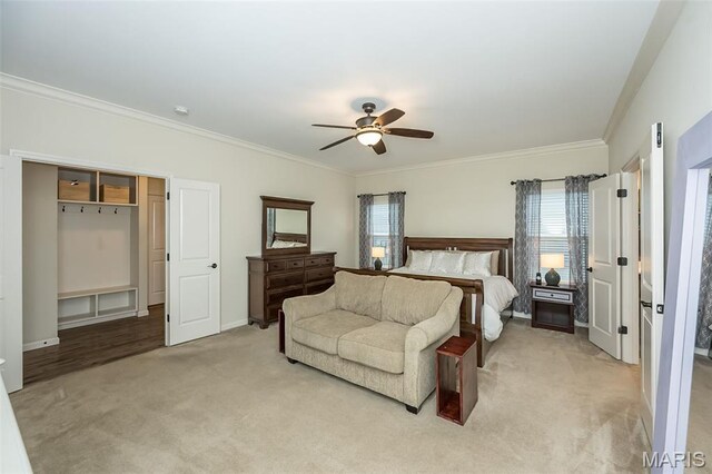151 Wilmer Valley Dr, Wentzville, MO 63385 - bedroom featuring light carpet, ornamental molding, ceiling fan, and baseboards
