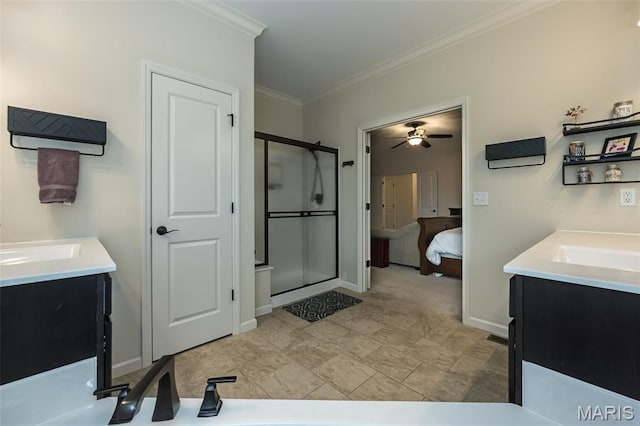 151 Wilmer Valley Dr, Wentzville, MO 63385 - ensuite bathroom with two vanities, ornamental molding, a shower stall, a ceiling fan, and baseboards