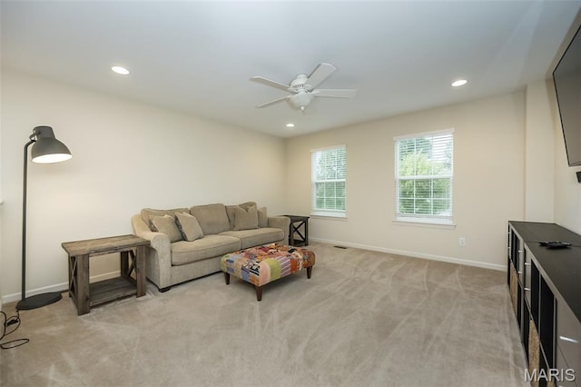 151 Wilmer Valley Dr, Wentzville, MO 63385 - living room featuring ceiling fan, baseboards, light carpet, and recessed lighting