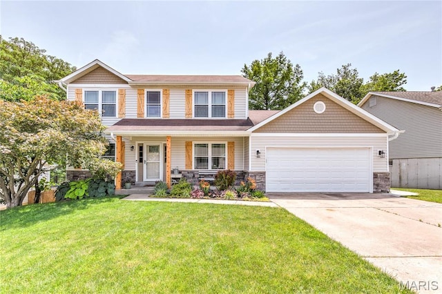 10 Forest Pine Ct, Ofallon, MO 63368 - craftsman inspired home with an attached garage, stone siding, driveway, a front lawn, and a porch