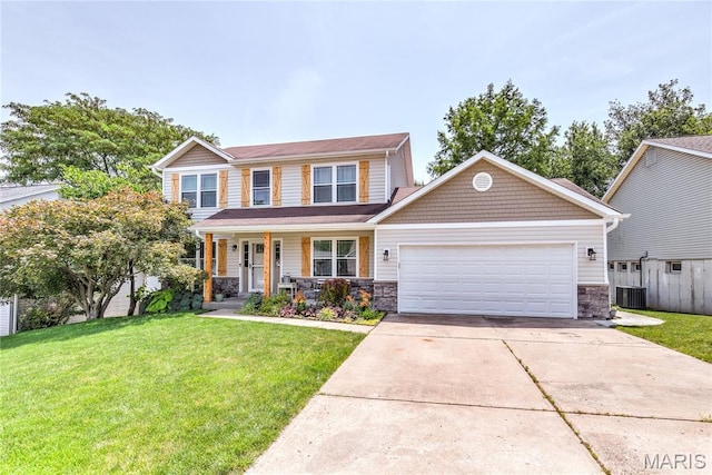 10 Forest Pine Ct, Ofallon, MO 63368 - craftsman-style home with covered porch, an attached garage, a front yard, and concrete driveway