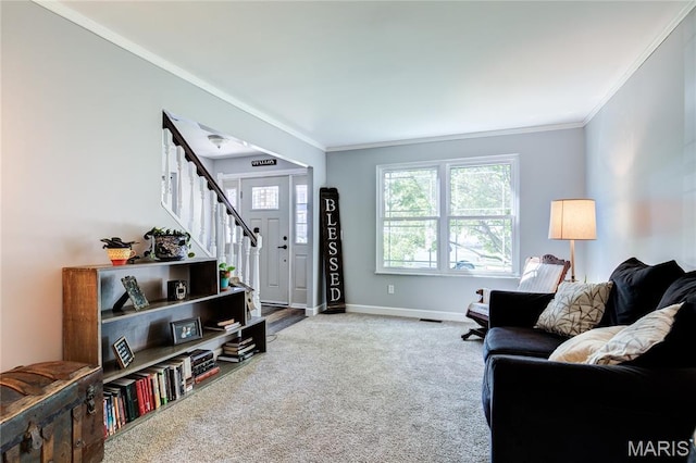 10 Forest Pine Ct, Ofallon, MO 63368 - living area featuring carpet flooring, crown molding, and stairs