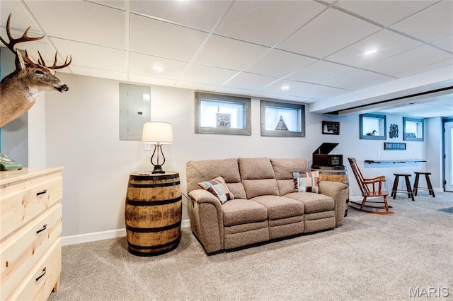 10 Forest Pine Ct, Ofallon, MO 63368 - living room with carpet, electric panel, a drop ceiling, and recessed lighting