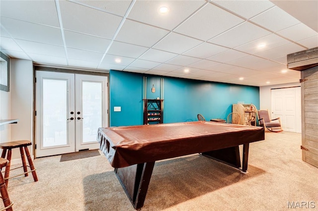 10 Forest Pine Ct, Ofallon, MO 63368 - rec room with carpet flooring, a paneled ceiling, french doors, billiards table, and recessed lighting