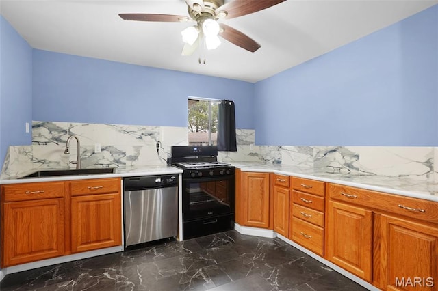 508 Prince Ruppert Dr, Ofallon, MO 63366 - kitchen featuring stainless steel dishwasher, black range with gas cooktop, a sink, dark marble finish floors, and tasteful backsplash
