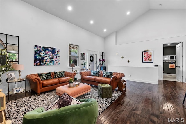 2291 Cambridge, Jackson, MO 63755 - living room with high vaulted ceiling, dark wood-style flooring, baseboards, and recessed lighting