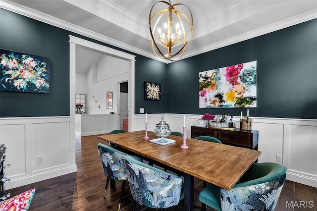 2291 Cambridge, Jackson, MO 63755 - dining area featuring a decorative wall, a chandelier, a wainscoted wall, wood finished floors, and crown molding