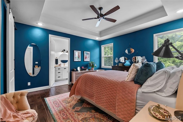 2291 Cambridge, Jackson, MO 63755 - bedroom featuring a tray ceiling, recessed lighting, hardwood / wood-style flooring, baseboards, and ornamental molding